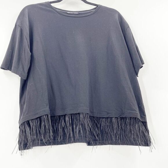 Zara Womens Fringe Hem Blouse Size L Black Short Sleeve Boxy Relaxed - Picture 3 of 4